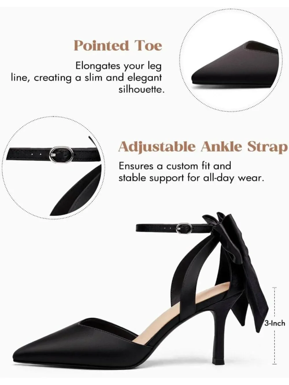 Women's Black Closed Pointed Toe Pumps Bow Ankle Strap Kitten Wedding Heels Shoe
